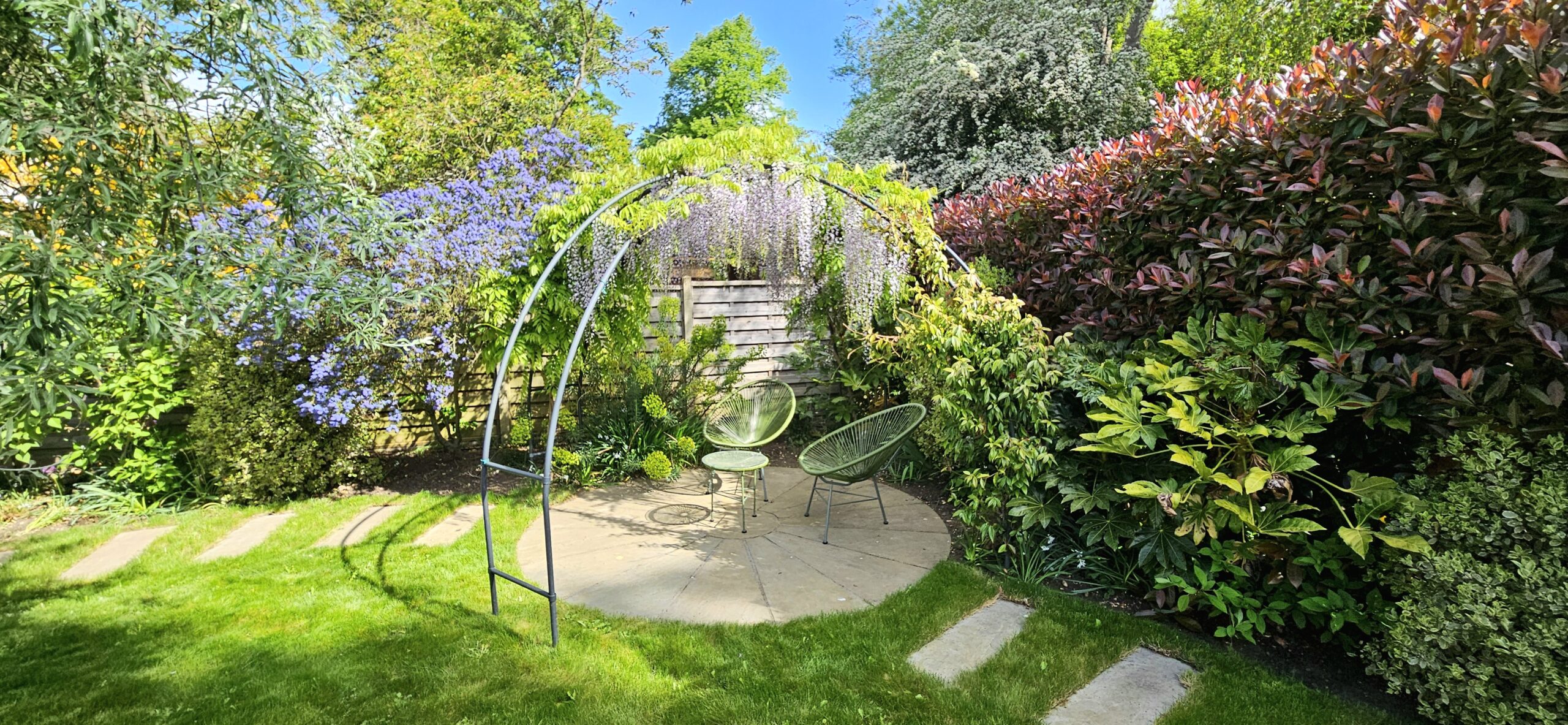 Garden transformation in St Albans with mature planting, wisteria, lawn and secluded sitting area